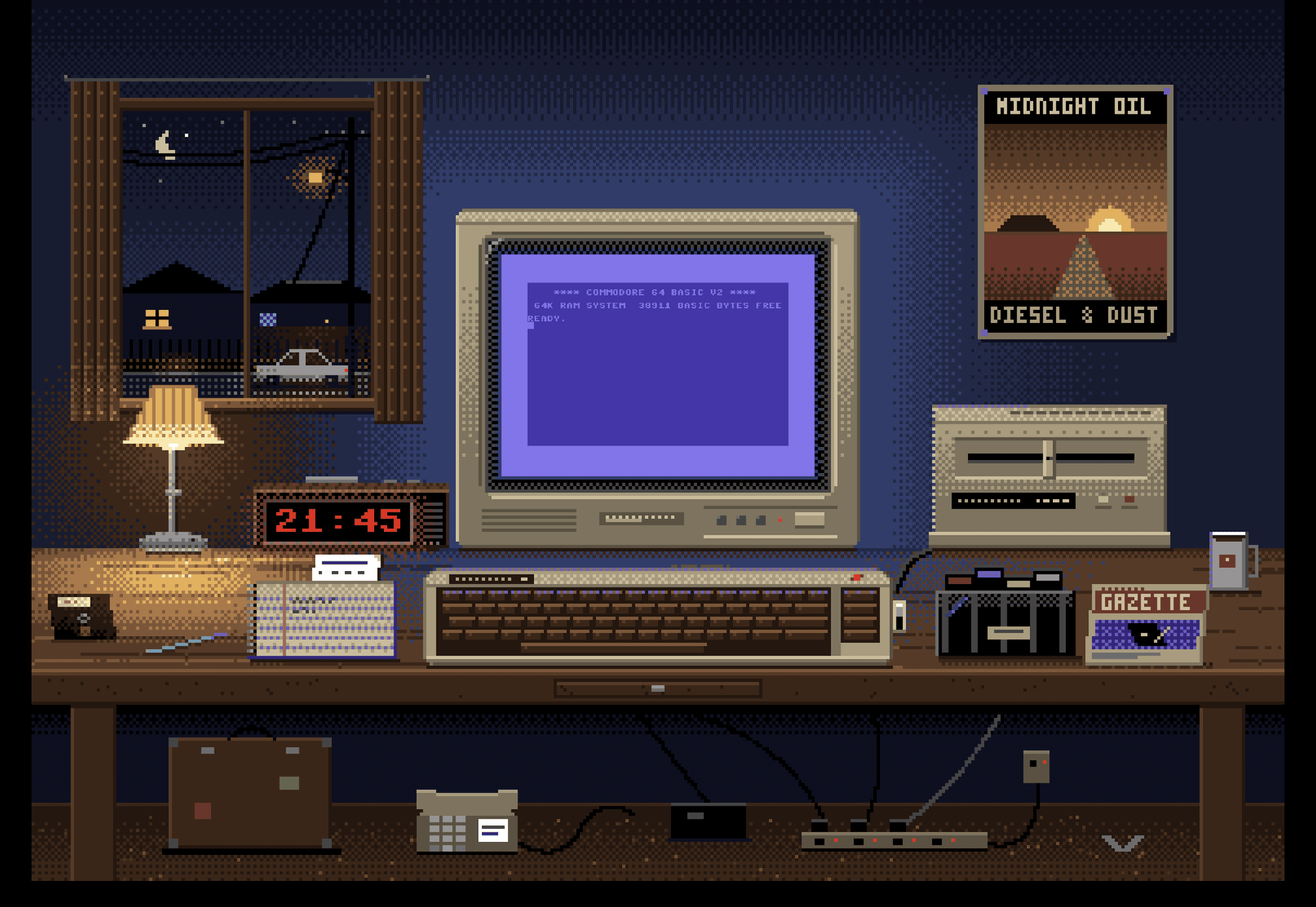 A teenager's desk at night with a Commodore 64 and modem, drawn in pixel art