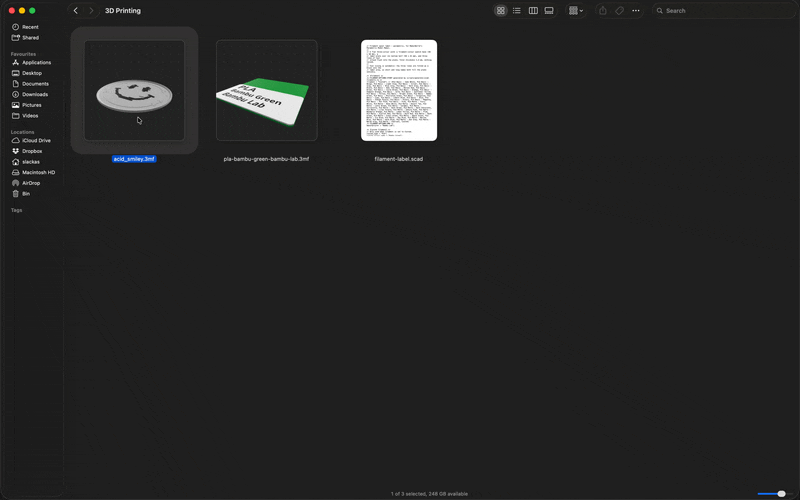 A screen recording of a 3D Printing folder in Finder: pressing space on a 3MF file opens a 3D preview with an Open with mesh-peek button, then a SCAD filament label opens in the app itself, where the Customiser panel recolours a part and offers Export 3MF