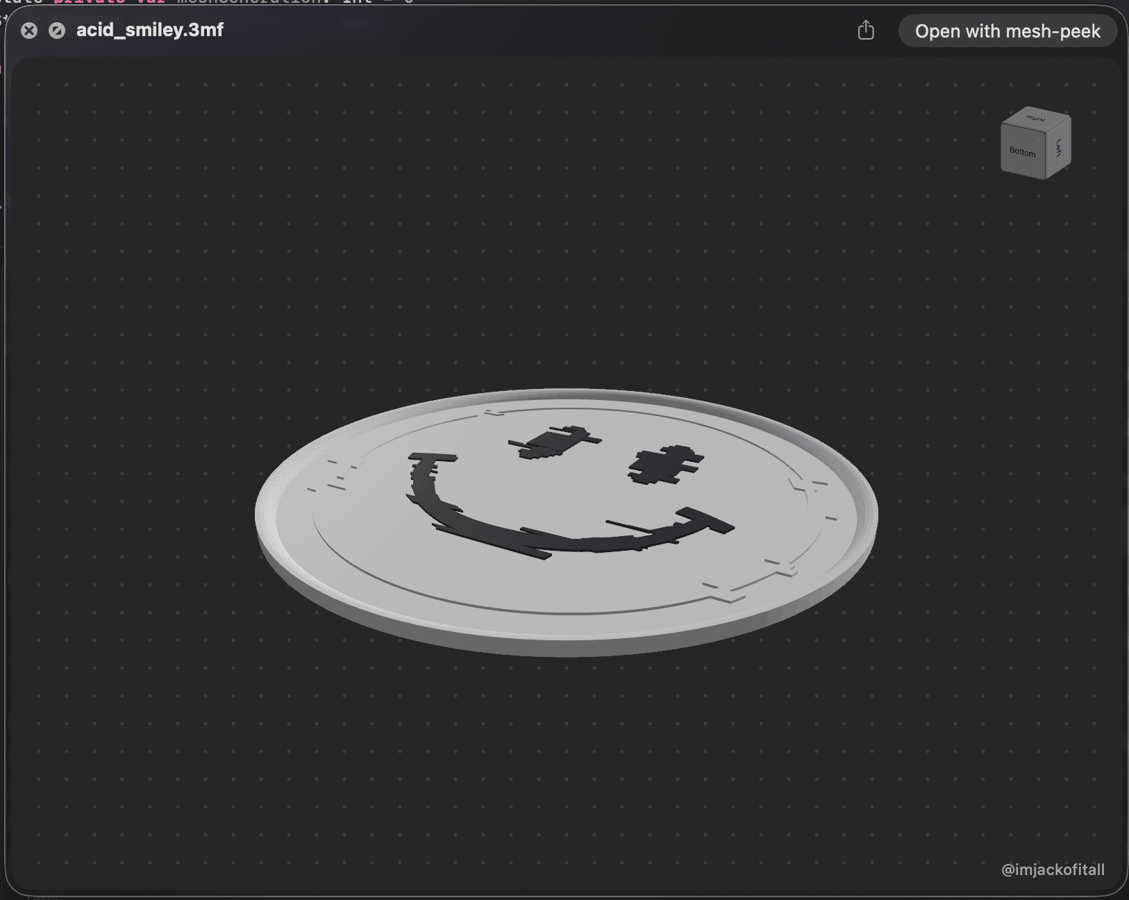 A Quick Look preview of acid_smiley.3mf, showing the model as a round smiley face plaque rendered in 3D on a dark grid, with an Open with mesh-peek button in the corner